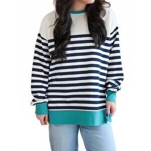NEW Z SUPPLY forest avenue stripe sweatshirt in sea glass teal